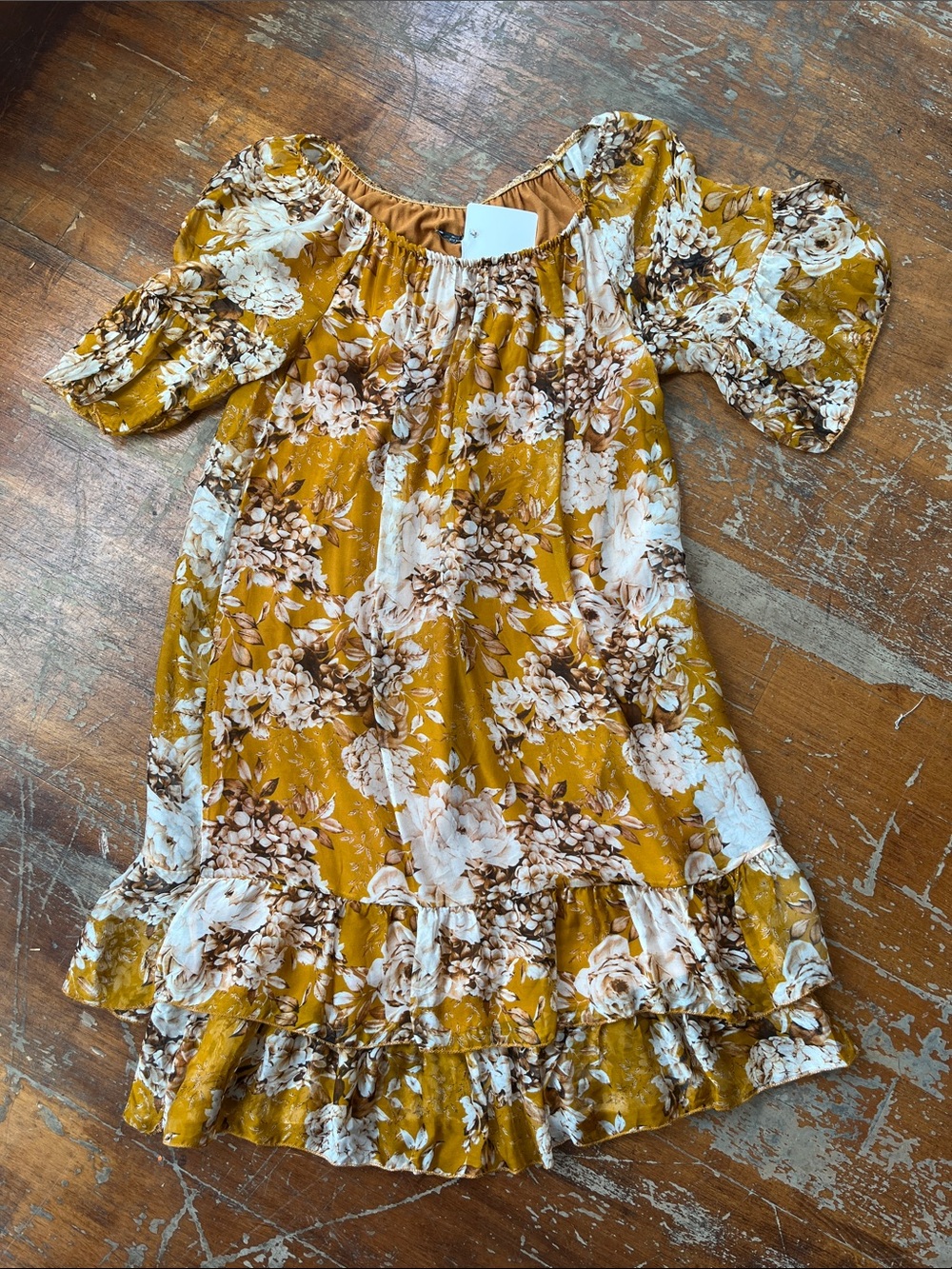 Off-Shoulder Mustard Floral Ruffle Summer Dress